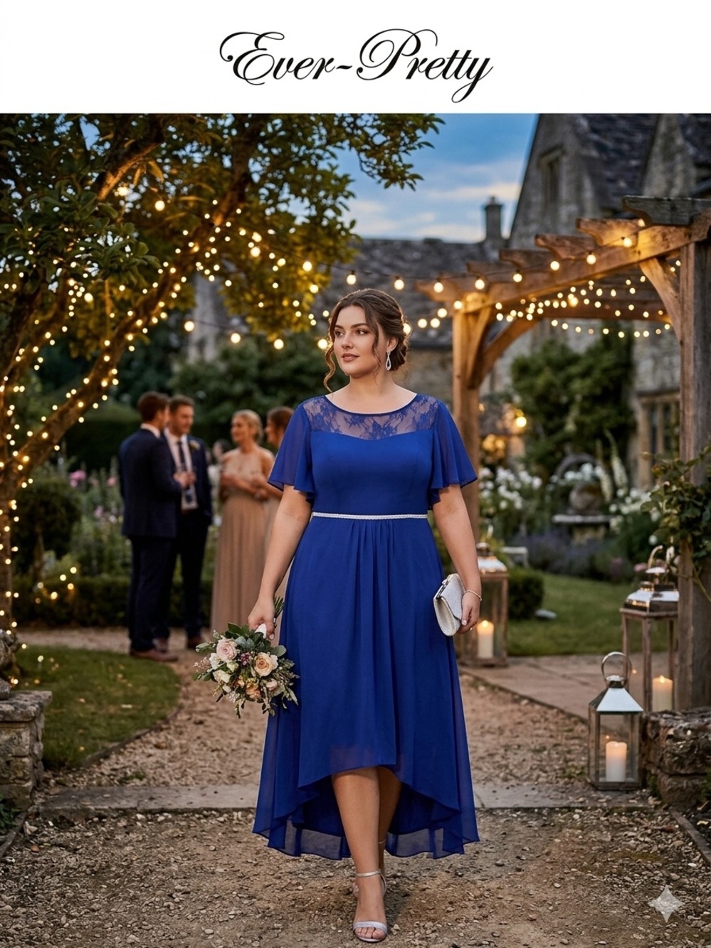Ever Pretty Cobalt Blue Lace Yoke High-Low Cocktail Dress